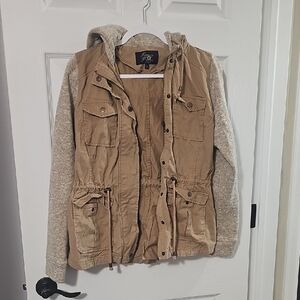 Tan Utility Jacket with Knit Sleeves